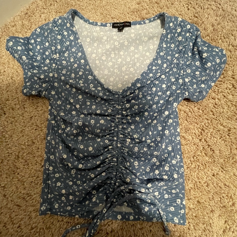 Blue Floral Gathered Crop Top